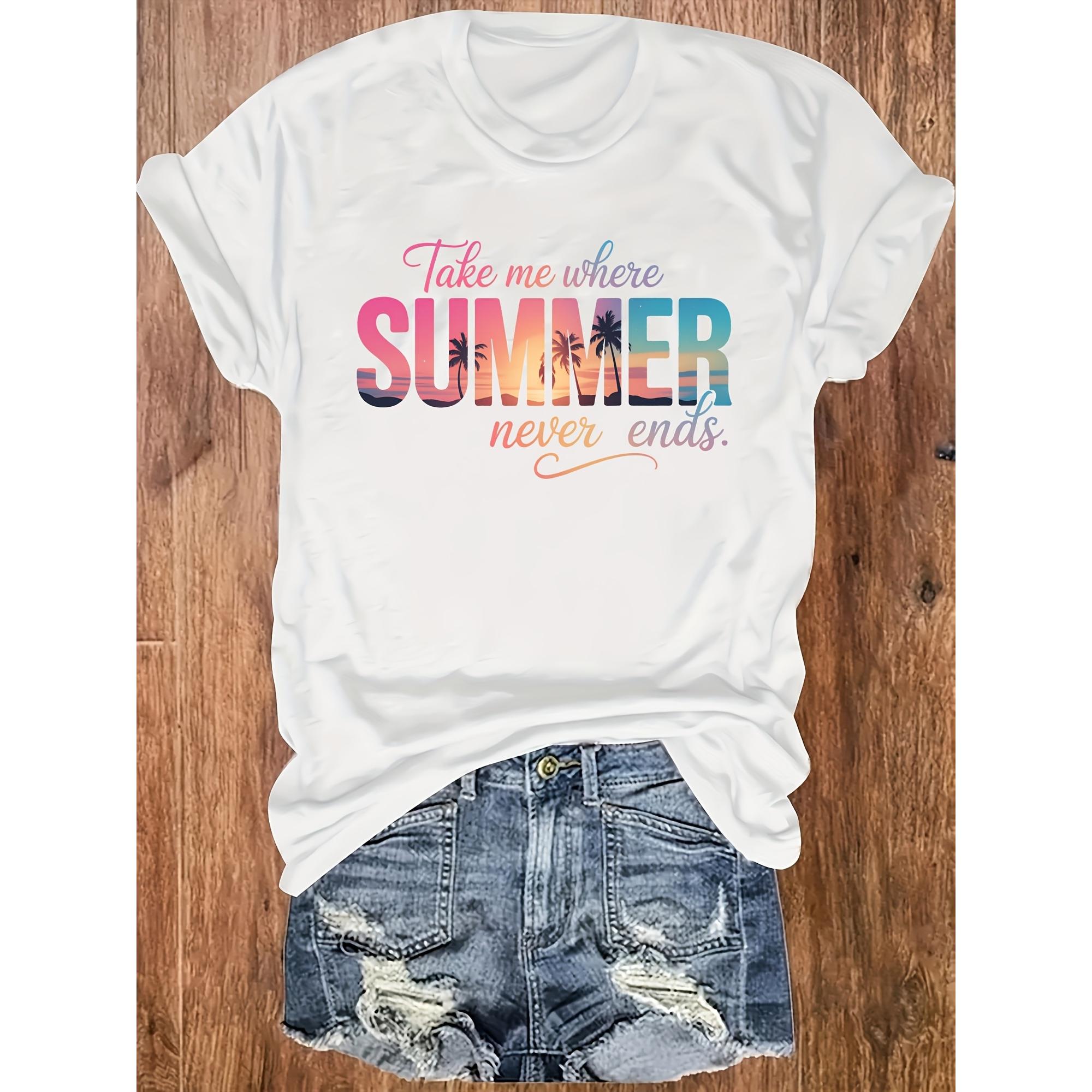 Summer Never Ends Sunset Tee – Palm Tree Beach Graphic Shirt for Women, Soft Cotton Vacation Crewneck
