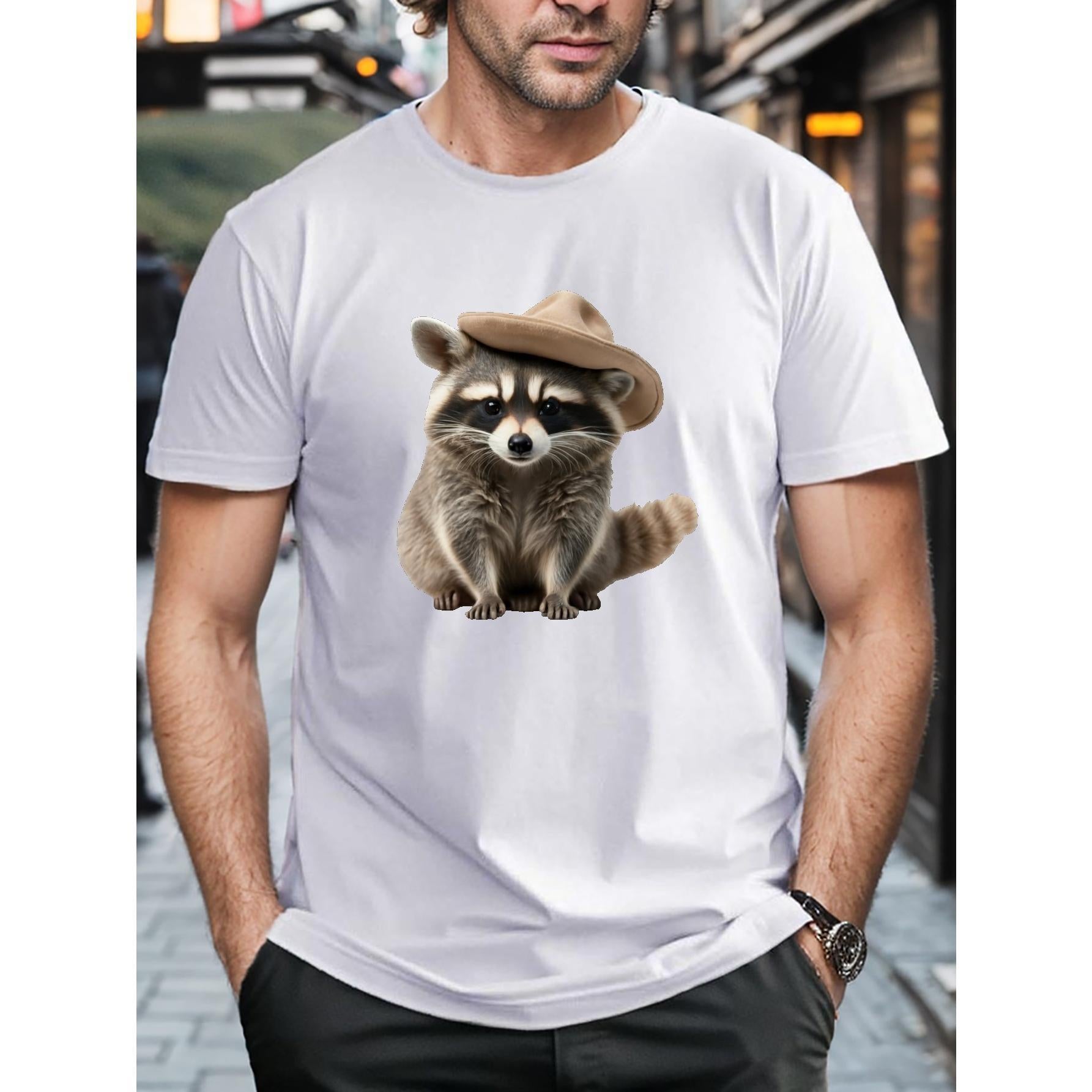 Men's Raccoon Print T-shirt, Casual Short Sleeve Graphic Tee in Soft 100% Cotton for Daily Leisure and Travel, Shortsleeve, Tshirt, Sports, Crew Neck