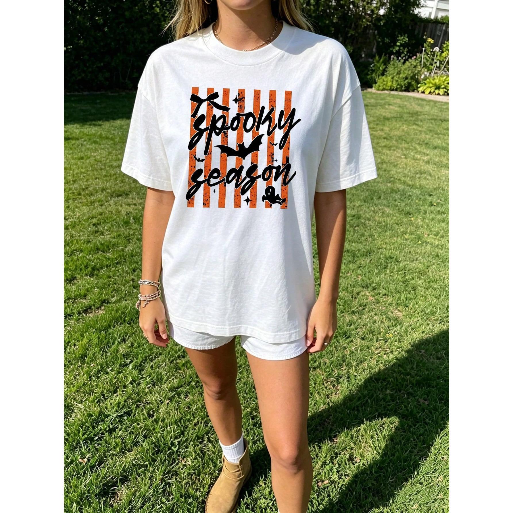 Spooky Season Halloween Graphic Tee Striped Bow Bat Print Cute Ghost Retro Holiday Short Sleeve Crewneck T-Shirt Aesthetic Top