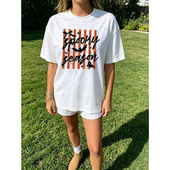Spooky Season Halloween Graphic Tee Striped Bow Bat Print Cute Ghost Retro Holiday Short Sleeve Crewneck T-Shirt Aesthetic Top
