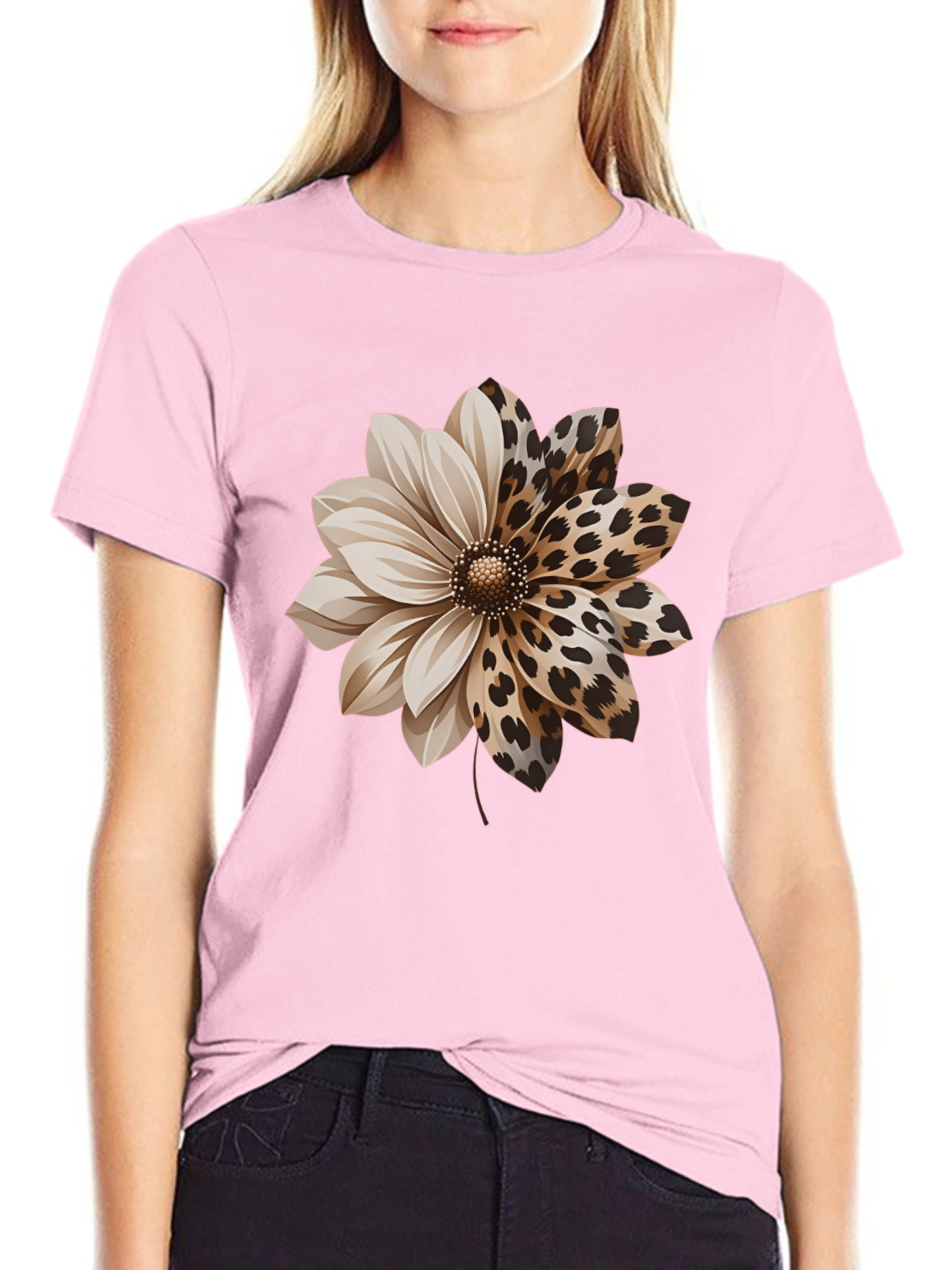 Women'S Elegant Style Plus Size Short Sleeve, Half Leopard Print Half Solid Dahlia Pattern Round Neck Comfortable