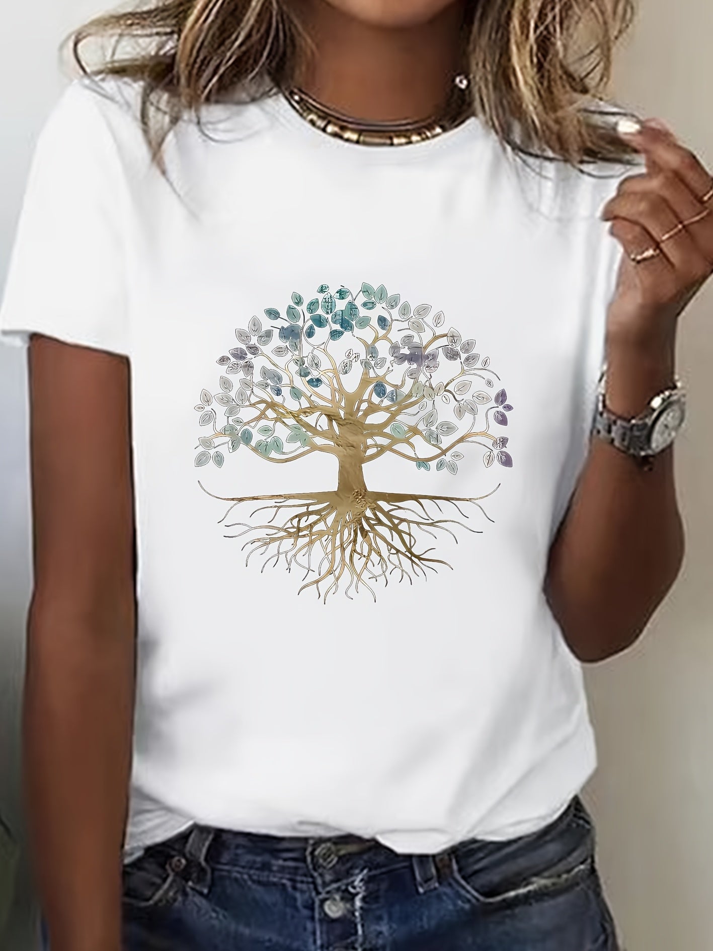 Women's Plus Size Tree of Life Graphic T-Shirt, Nature Inspired Botanical Tree Print Casual Crew Neck Short Sleeve Tee, Soft Breathable Everyday Shirt, Boho Style Graphic Top, Comfortable Summer Clot