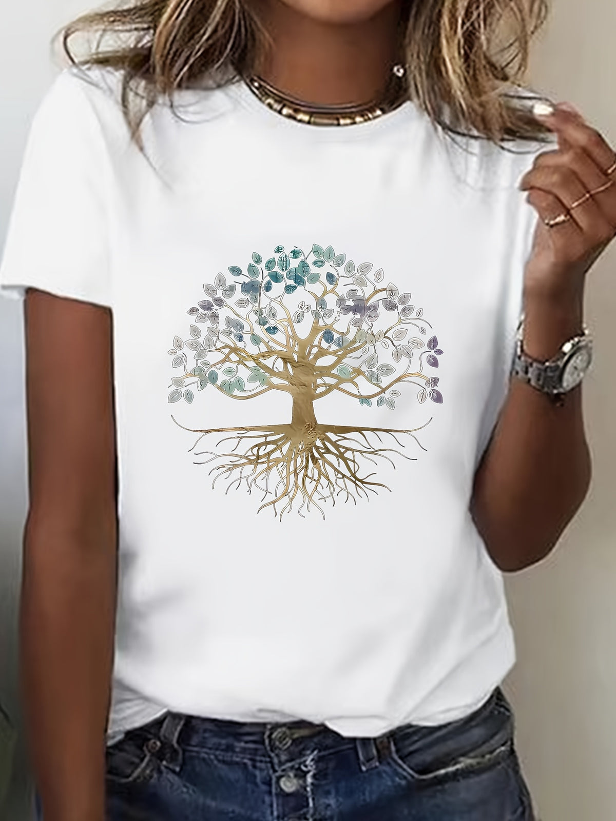 Women's Plus Size Tree of Life Graphic T-Shirt, Nature Inspired Botanical Tree Print Casual Crew Neck Short Sleeve Tee, Soft Breathable Everyday Shirt, Boho Style Graphic Top, Comfortable Summer Clot