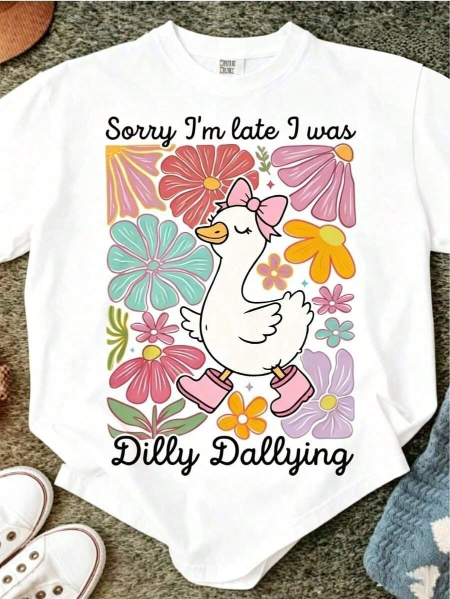 Casual Wear 2026 Women'S Humorous Late Arrival Chicken And Floral Graphic Tee - Soft Short Sleeve Round N Tops For Women