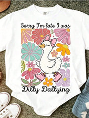 Casual Wear 2026 Women'S Humorous Late Arrival Chicken And Floral Graphic Tee - Soft Short Sleeve Round N Tops For Women