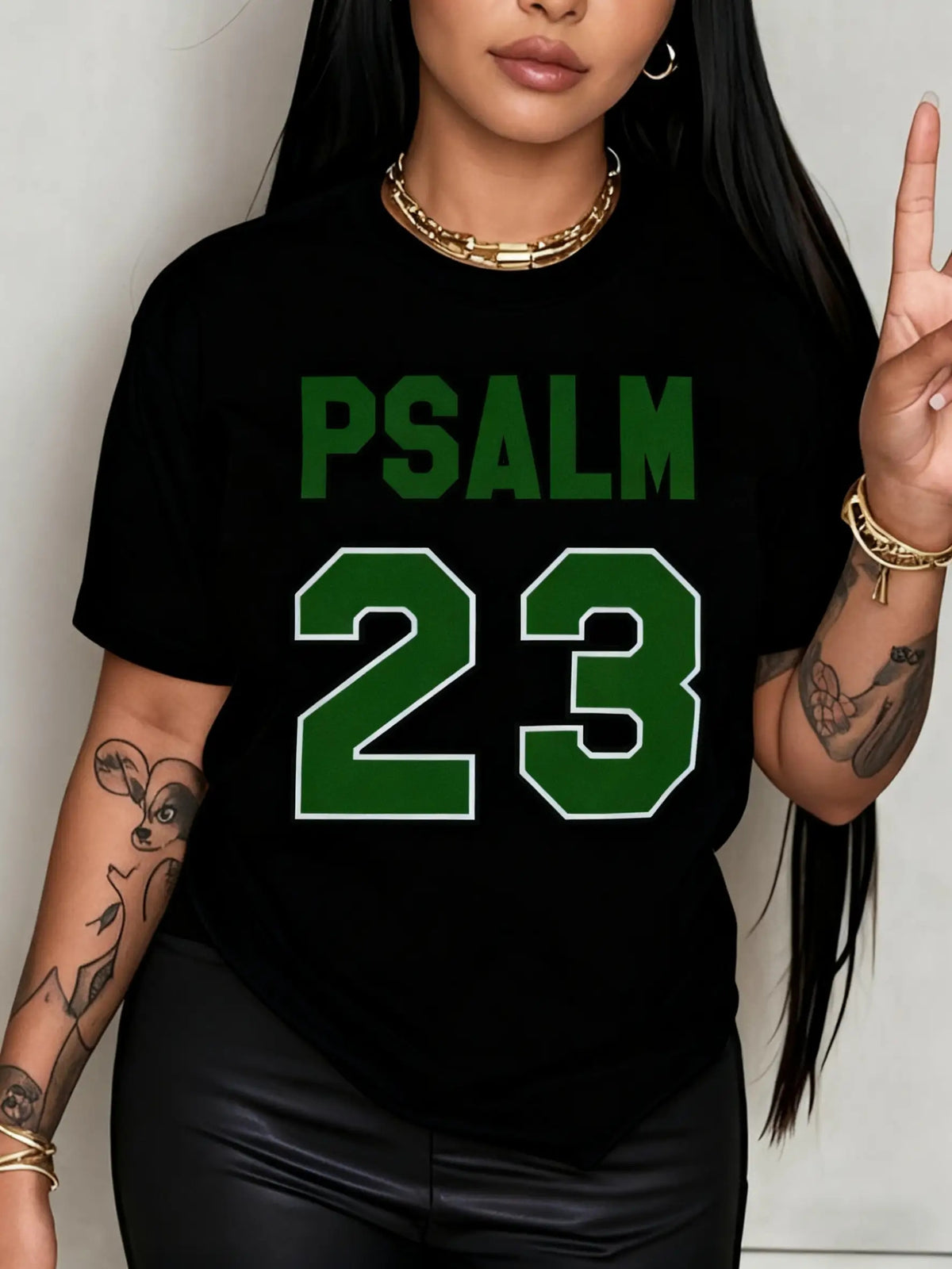 Psalm 23 Bible Verse Christian Faith Green Letter Graphic Tee for Men Women, Inspirational Scripture Short Sleeve T-Shirt, Casual Crew Neck Top for Church Gift