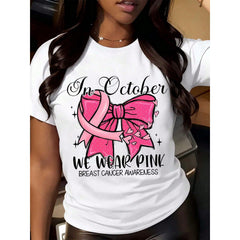 October Breast Cancer Awareness Women's T-Shirt Casual Top In October We Wear Pink Ribbon Bow Graphic Print Short Sleeve Crew Neck Daily Wear