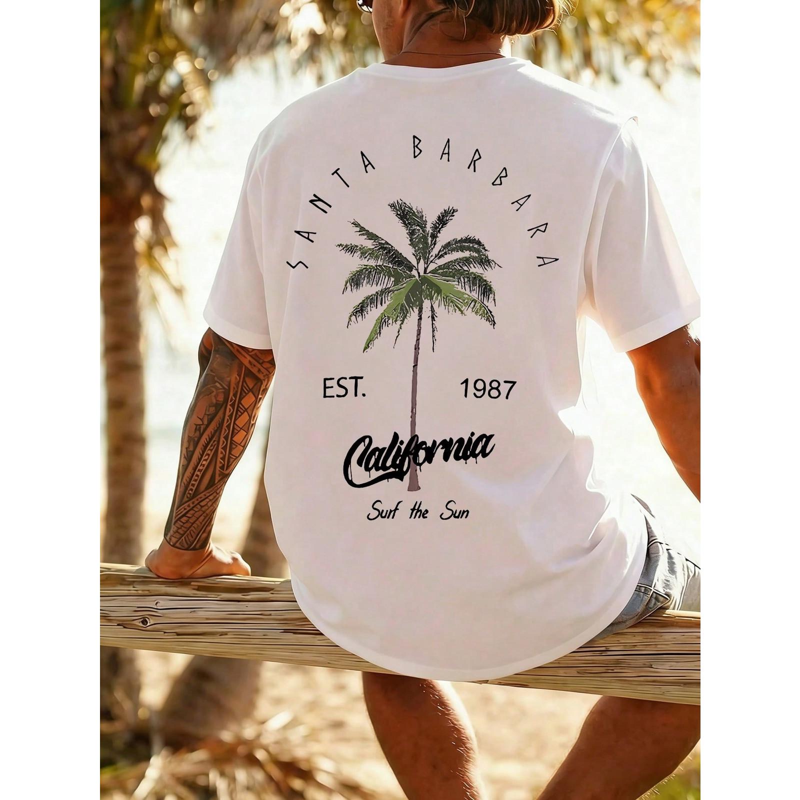 Summer New Men's Coconut Tree Letter Print Short Sleeve Round Neck T-Shirt