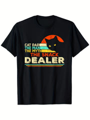 Cat Dad The Man The Myth The Snack Dealer Funny Cat Owner Graphic Tee for Men Women, Cute Father Cat Short Sleeve T-Shirt, Casual Crew Neck Top for Cat Dad Gift