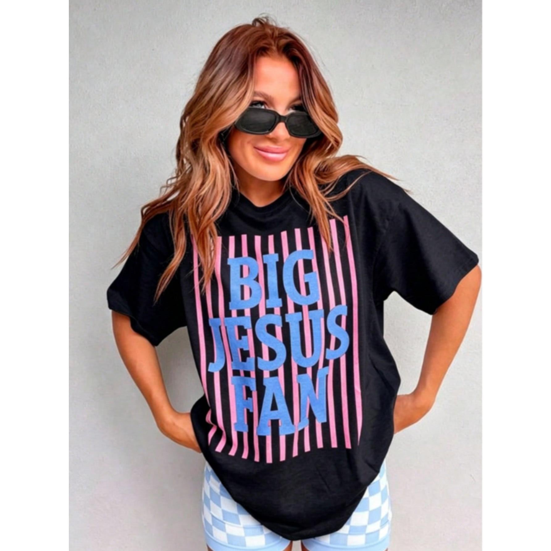 Big Jesus Fan Pink Vertical Stripe Print Women Christian Faith Casual Graphic T-Shirt