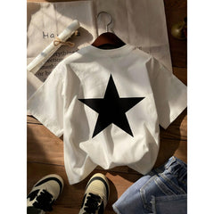 Women's Casual Oversized T-Shirt With Black Star Print - White Round Neck Short Sleeve Top For Spring/Summer, Machine Washable & Breathable Casual Att
