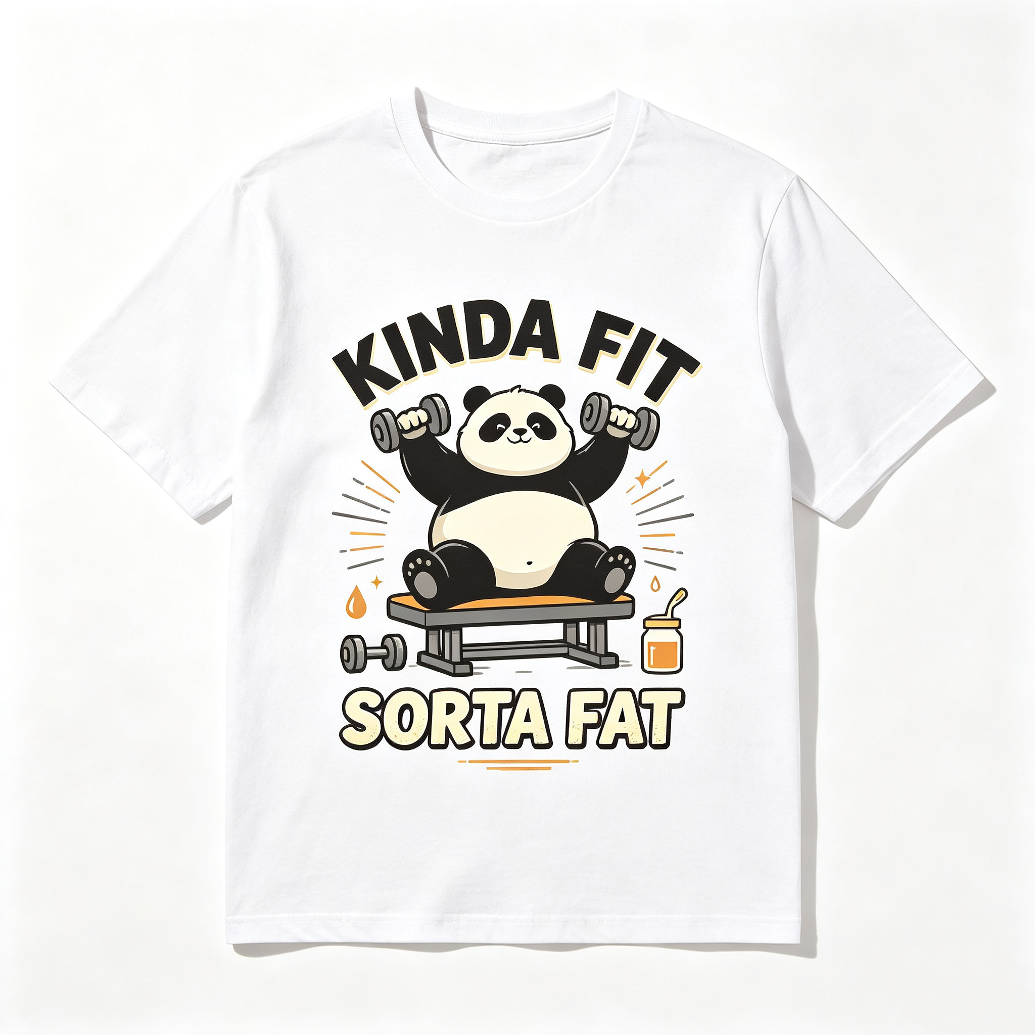 Men Funny Gym Panda Weightlifting T‑Shirt, Kinda Fit Sorta Fat Novelty Crew Neck Short‑Sleeve Casual Tee Men Graphic T‑Shirt S‑5XL