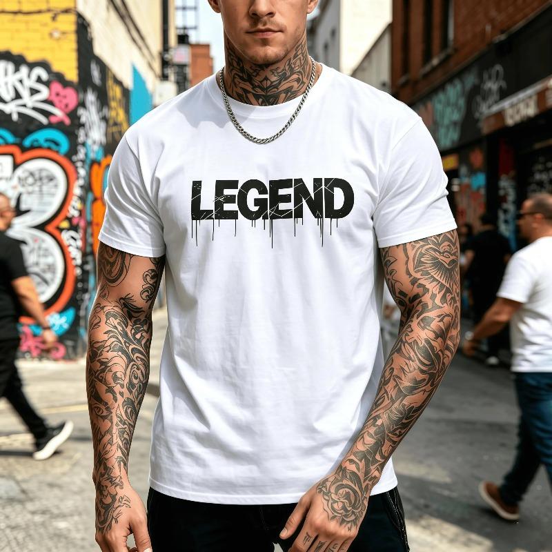 LEGEND Graphic T-Shirt for Men | Vintage Drip Letter Print Tee | Streetwear Crew Neck Cotton Short Sleeve Casual Fashion Top