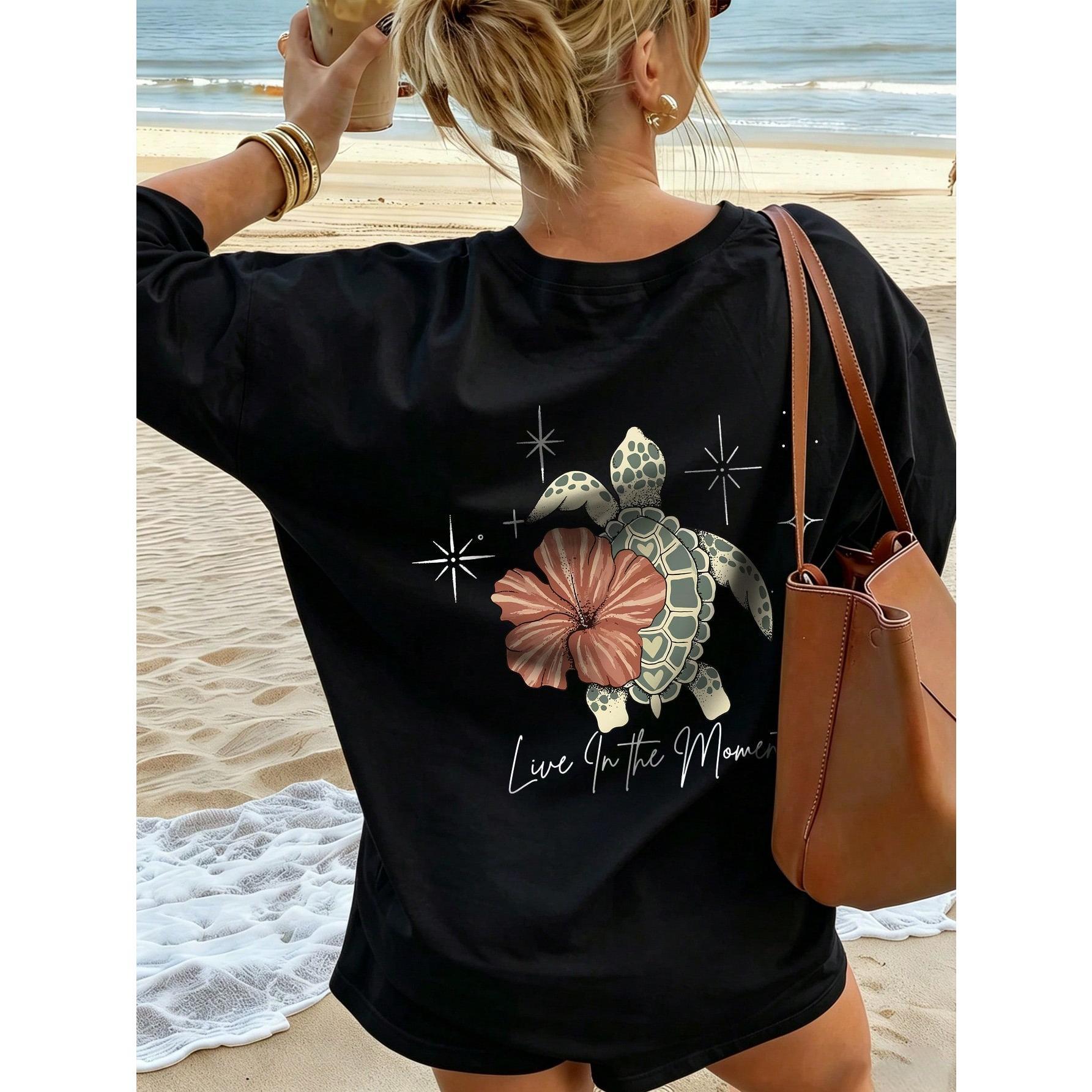 Women's Summer Turtle, Floral & Letter Print Casual Loose Round Neck Beach Vacation T-Shirt White