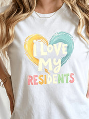 Women's Caregiver Graphic T-Shirt, I Love My Residents Heart Print Casual Crew Neck Short Sleeve Tee, CNA Nursing Assistant Appreciation Shirt, Healthcare Worker Summer Top Gift