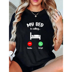 Women Funny My Bed Is Calling Graphic T-Shirt Casual Crewneck Short Sleeve Top Lazy Day Home Loungewear Casual Daily Tee For Ladies