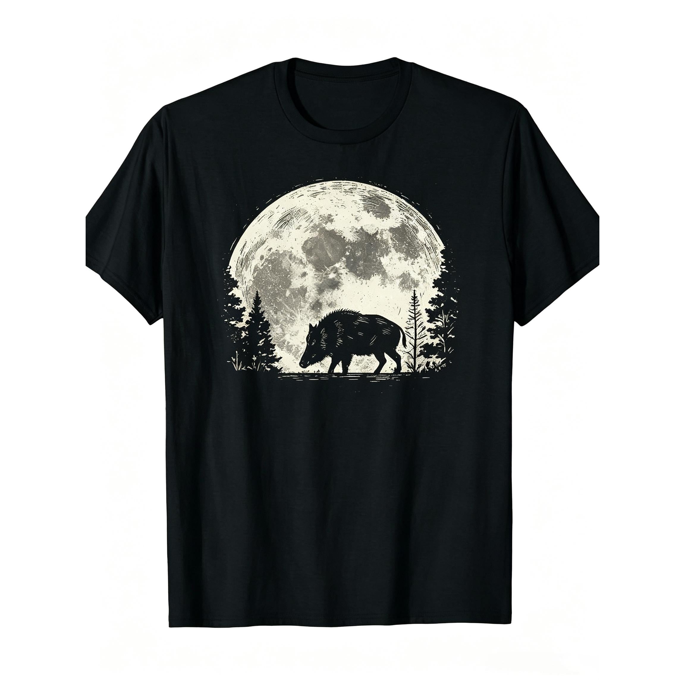 Wild Boar & Moon Night Forest Design - Short Sleeve Tee for Outdoor Hunting & Casual Wear All-Season