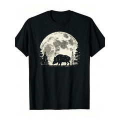 Wild Boar & Moon Night Forest Design - Short Sleeve Tee for Outdoor Hunting & Casual Wear All-Season