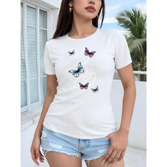Butterfly Printed T-Shirt, Women's Short-Sleeve, Comfortable Sports English Design, Top T-Shirt