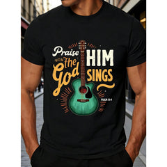 Retro Typography Men'S T-Shirt Praise Him With The God Sings Psalm 154 Acoustic Guitar Design For Music Lovers And Faithful Christians Perfect For Casual Wear In Spring And Summer Ideal Gift For Musicians And Religious Friends