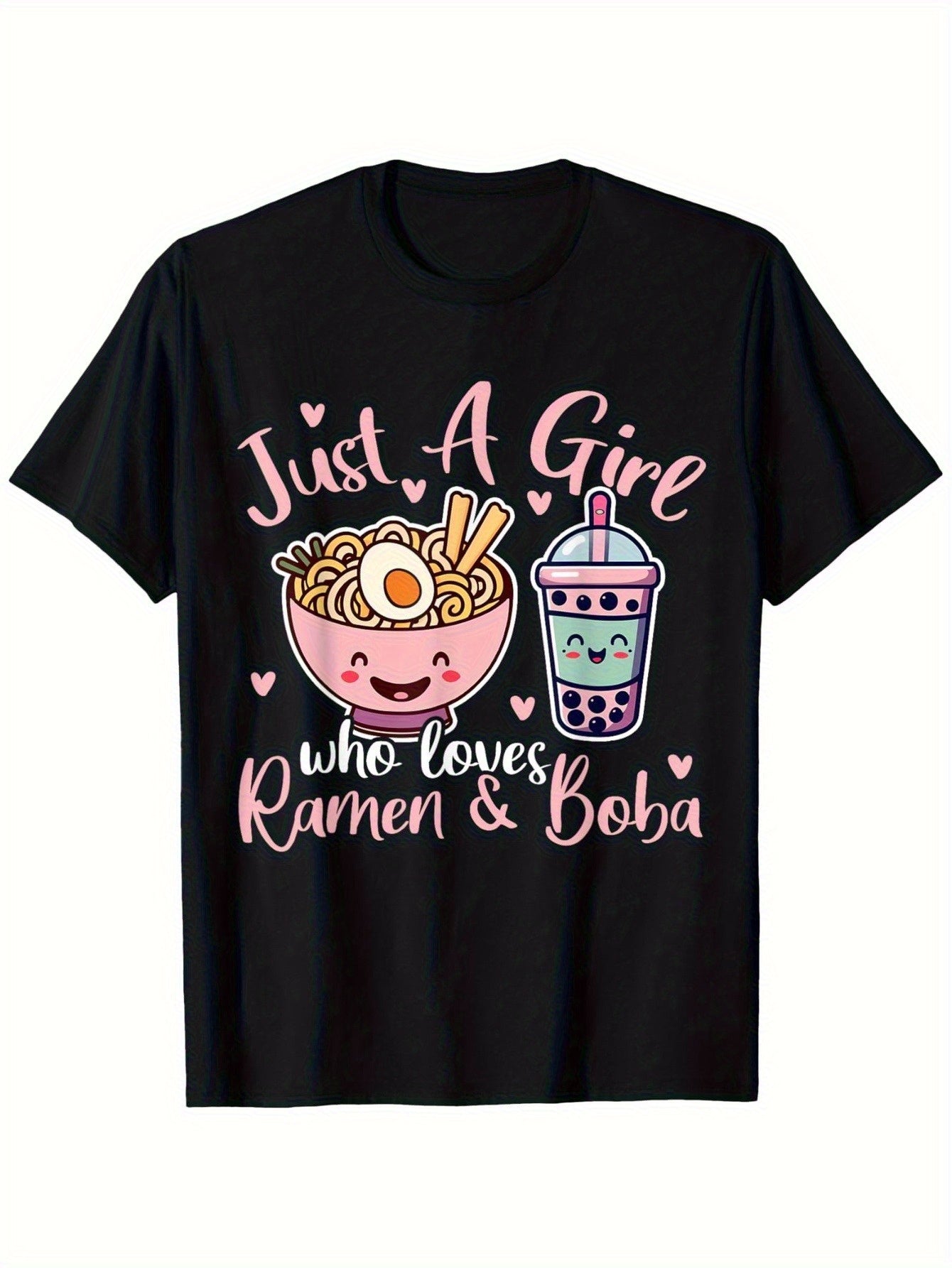 Just A Girl Who Loves Boba Graphic Tee for Women, Cute Bubble Tea Ramen Print Short Sleeve T-Shirt, Soft Casual Crew Neck Top for Daily Wear