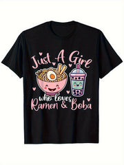 Just A Girl Who Loves Boba Graphic Tee for Women, Cute Bubble Tea Ramen Print Short Sleeve T-Shirt, Soft Casual Crew Neck Top for Daily Wear