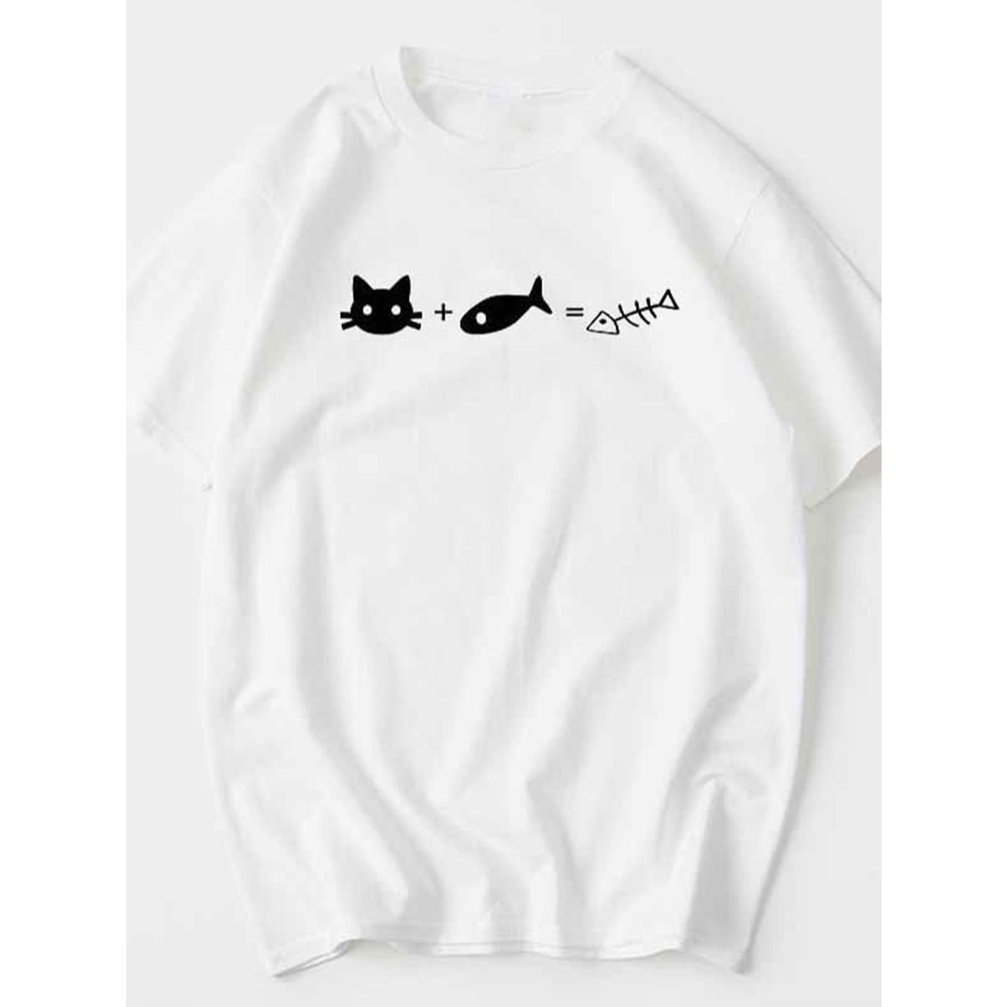 Cat Plus Fish Equals Fishbone Funny Math Meme Graphic Unisex T-Shirt
