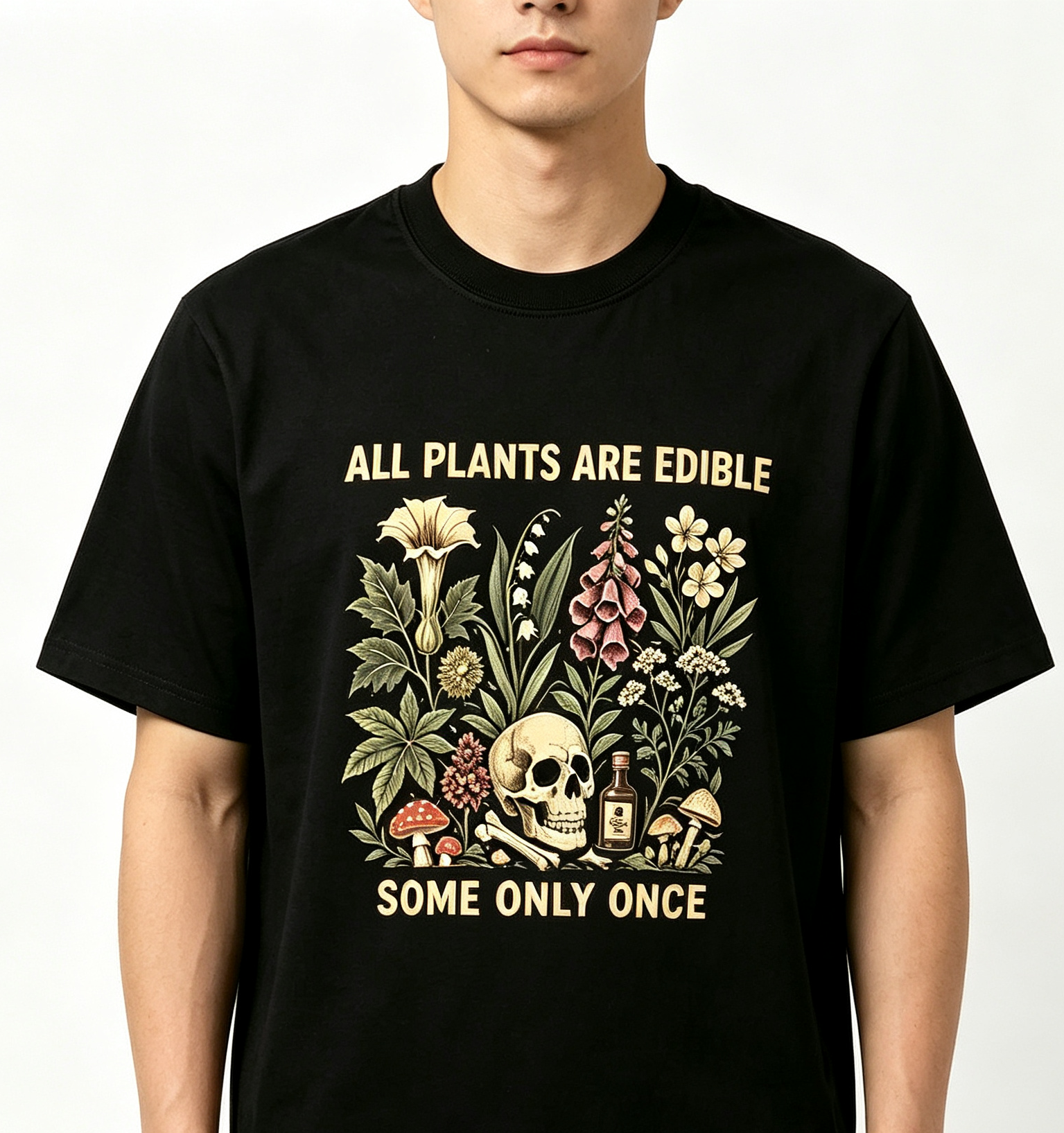 Unisex All Plants Are Edible Some Only Once Graphic T‑Shirt, Funny Gardening Dark Botanical Skull Mushroom Print Crew Neck Short‑Sleeve Tee for Men Women