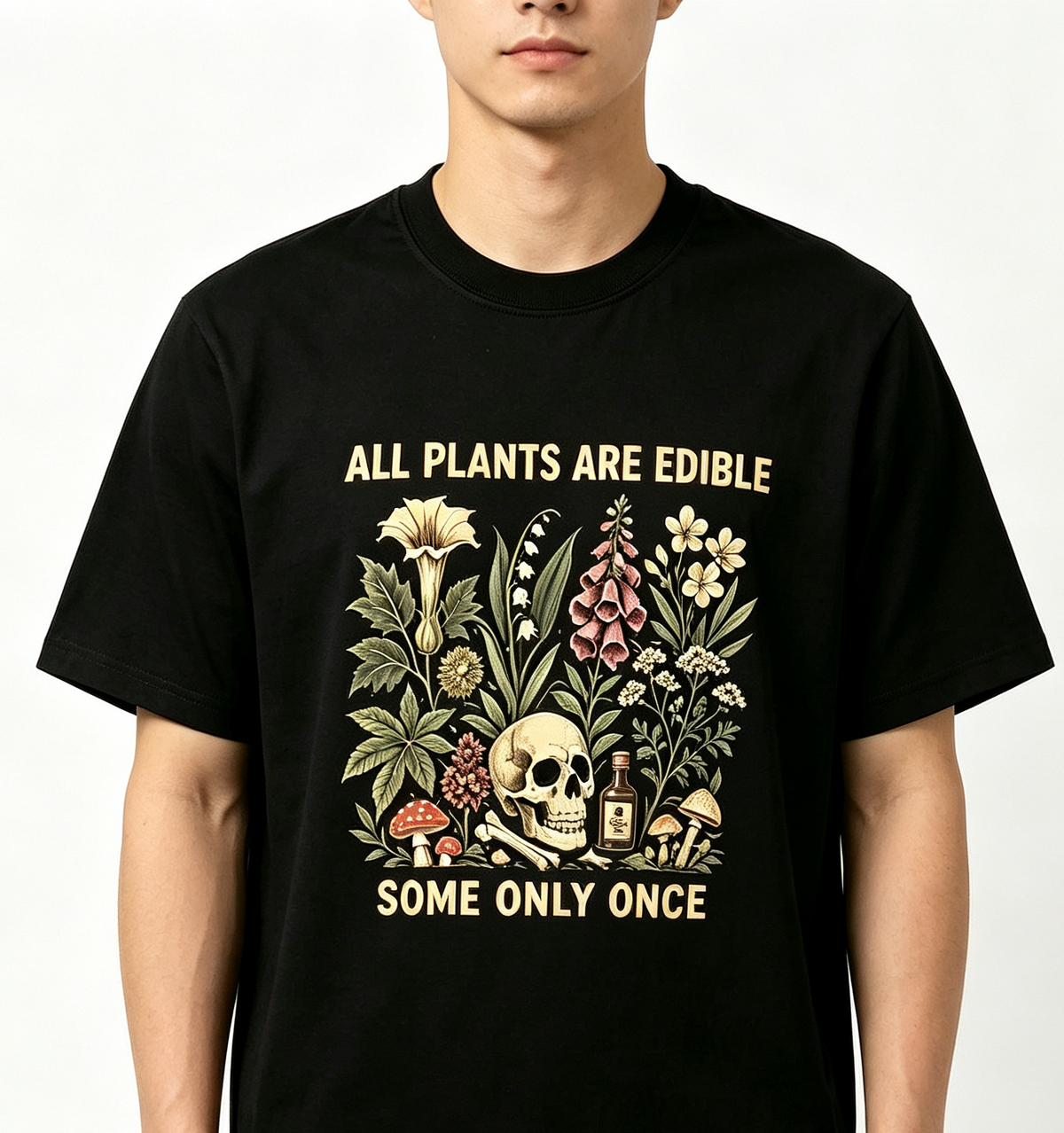 Unisex All Plants Are Edible Some Only Once Graphic T‑Shirt, Funny Gardening Dark Botanical Skull Mushroom Print Crew Neck Short‑Sleeve Tee for Men Women