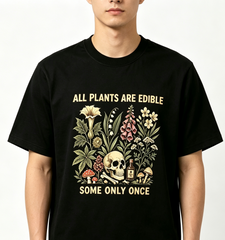 Unisex All Plants Are Edible Some Only Once Graphic T‑Shirt, Funny Gardening Dark Botanical Skull Mushroom Print Crew Neck Short‑Sleeve Tee for Men Women