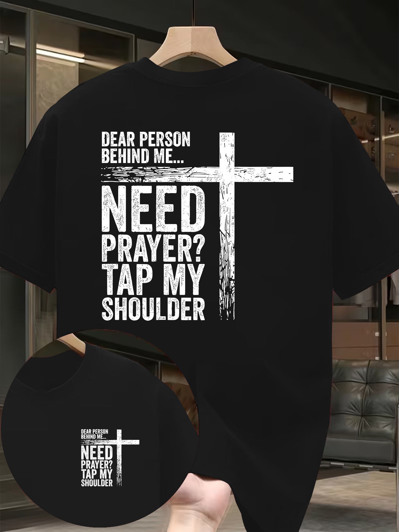 Need Prayer Tap My Shoulder Christian Cross Banner Print Men'S Short Sleeve T-Shirt, Front And Back Double-Sided Design, Suitable