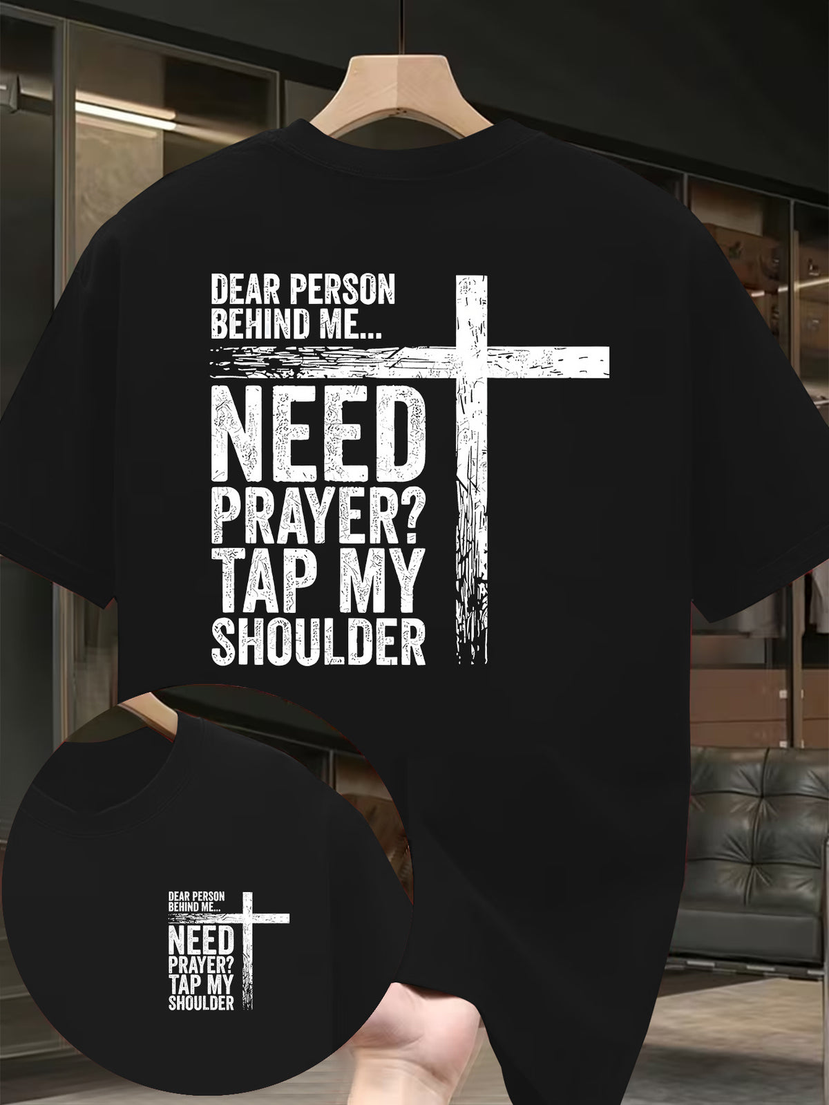 Need Prayer Tap My Shoulder Christian Cross Banner Print Men'S Short Sleeve T-Shirt, Front And Back Double-Sided Design, Suitable
