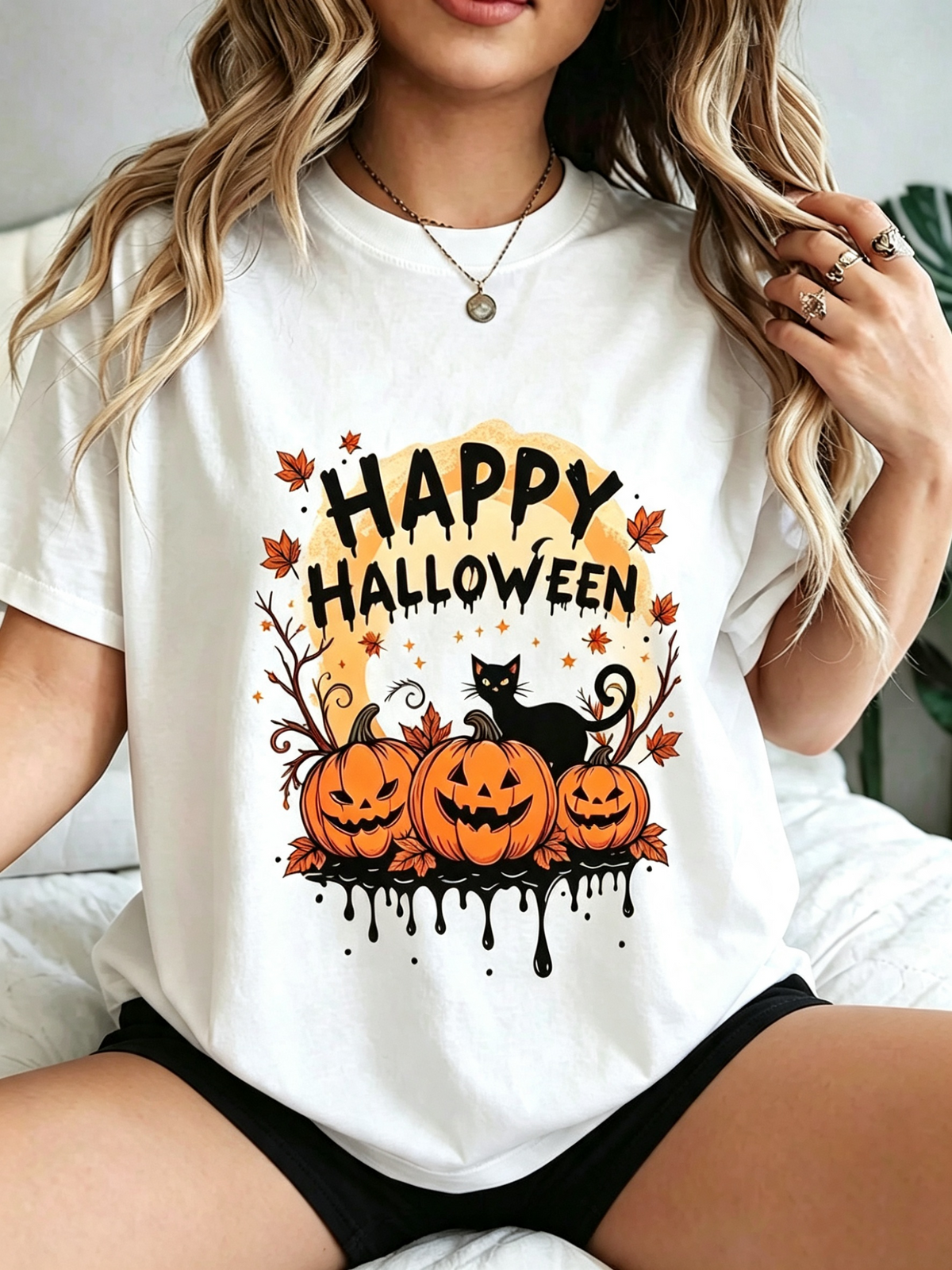 Halloween-Themed Short-Sleeve Round-Neck T-Shirt With Pumpkin And Black Cat Prints, Happy Halloween