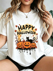 Halloween-Themed Short-Sleeve Round-Neck T-Shirt With Pumpkin And Black Cat Prints, Happy Halloween