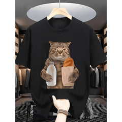 Women's Short-Sleeve Cotton T-Shirt - Fun Grocery Cat Pattern, White Round Neck Casual Clothes, Shortsleeve, Sports, Natural, Tshirt