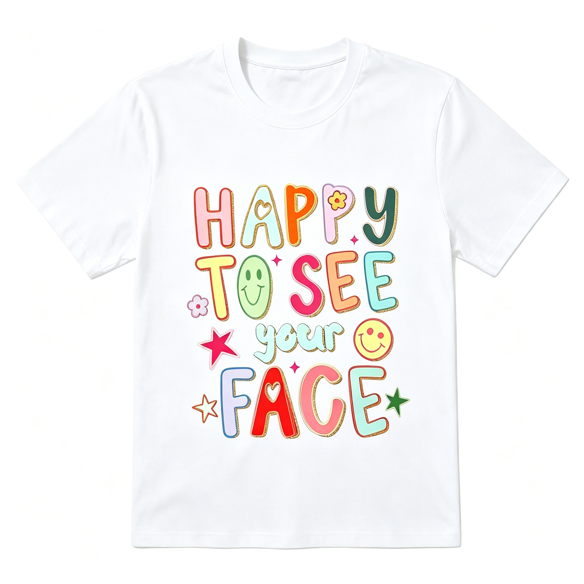 Women's Happy To See Your Face Colorful Doodle Graphic T‑Shirt 100%Cotton Hand Drawn Colorful Doodle Stars Messy Glitter Teacher T-shirt Appreciation Gift Tee