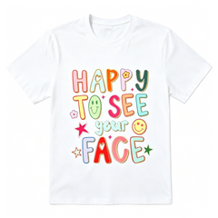 Women's Happy To See Your Face Colorful Doodle Graphic T‑Shirt 100%Cotton Hand Drawn Colorful Doodle Stars Messy Glitter Teacher T-shirt Appreciation Gift Tee