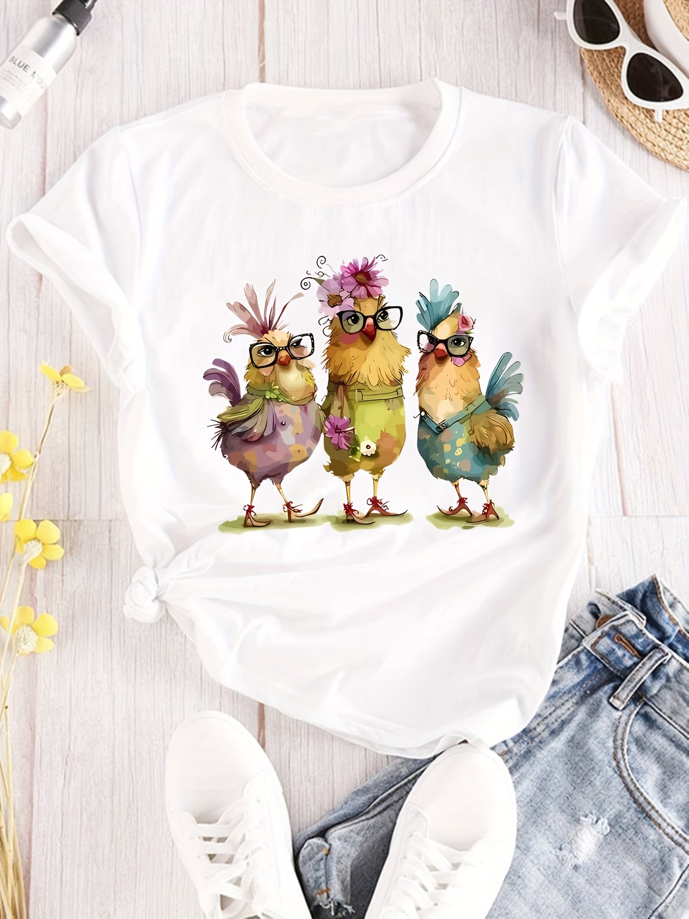 Funny Chicken T-Shirt Women Cute Hens With Glasses And Flowers Tee Fancy Farm Bird Lover Gift Top