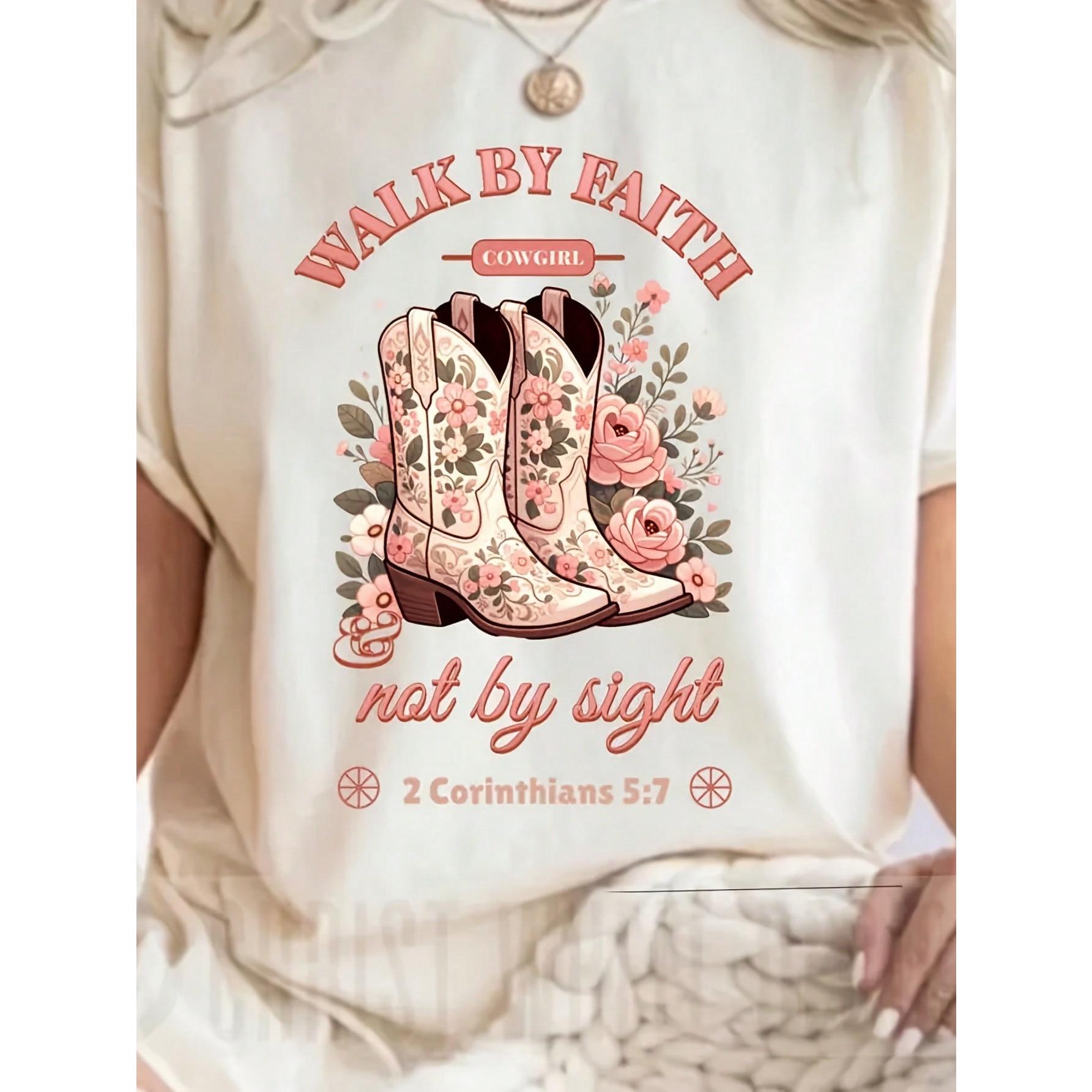 Women'S Christian Faith T-Shirt - "Walk By Faith, Not By Eyes" Bible Verse Pattern T-Shirt - Soft And Breathable Crew Neck Top - Lightweight Everyday Religious Shirt For Women - Pastor'S Inspiration Bible Verse Apparel - Faith-Inspired Gift Idea