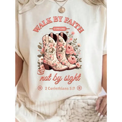 Women'S Christian Faith T-Shirt - "Walk By Faith, Not By Eyes" Bible Verse Pattern T-Shirt - Soft And Breathable Crew Neck Top - Lightweight Everyday Religious Shirt For Women - Pastor'S Inspiration Bible Verse Apparel - Faith-Inspired Gift Idea