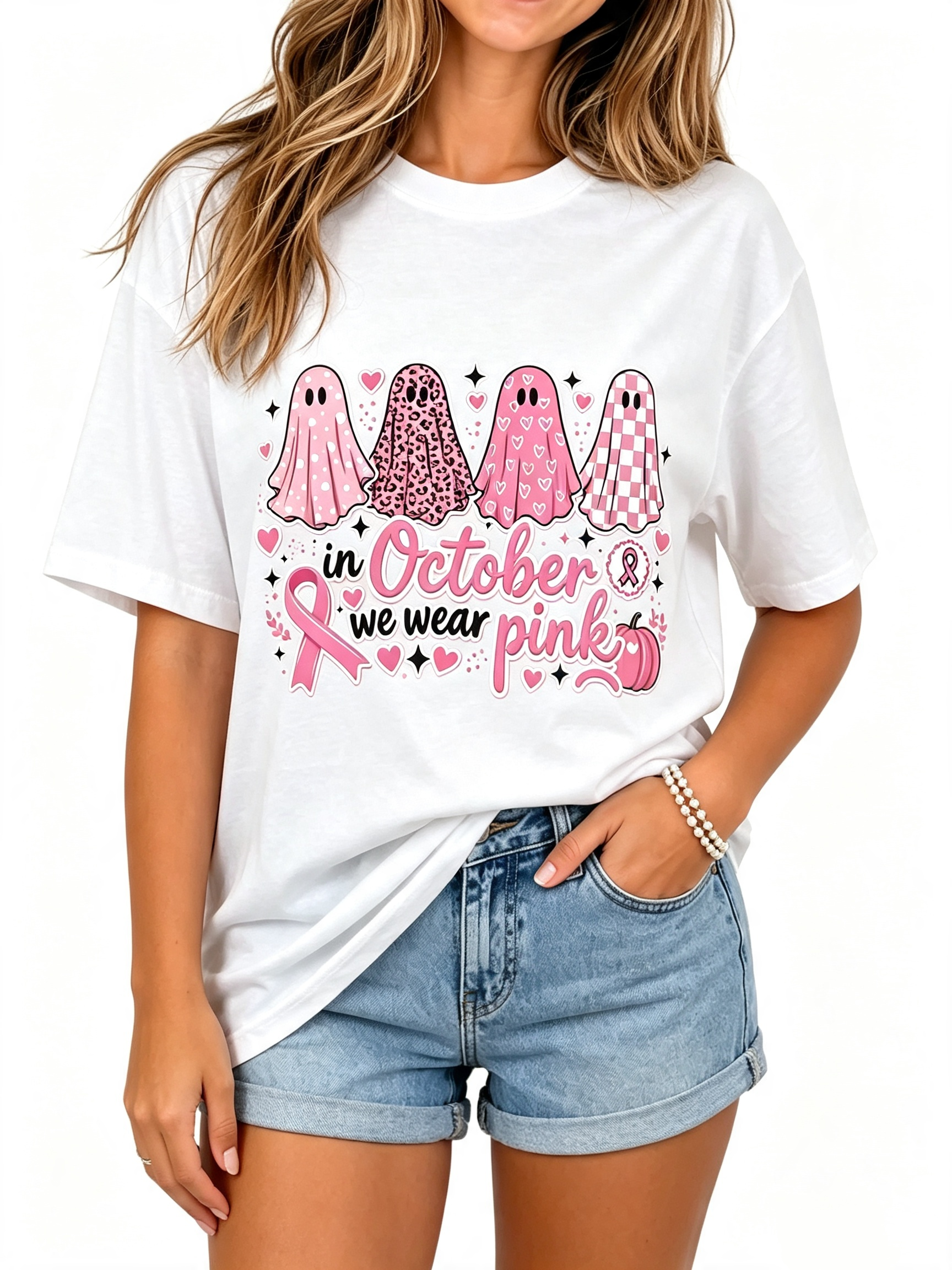 In October We Wear Pink Shirt, Pink Ghost T-Shirt, Breast Cancer Awareness Month Tee, Pink Ribbon Gift, Breast Cancer Support Short Sleeves.