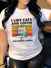Women's I Like Cats And Coffee Graphic T‑Shirt, Retro Sunset Cat Funny Quote Short Sleeve Crew Neck Casual Tee