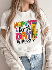 A Women'S Casual Round-Neck T-Shirt for The Back-To- Season, Featuring a Pencil And Colorful Letter Design. It Has Short Sleeves, Is Machine Washable, Suitable for All Seasons, And Is a Regular Fit