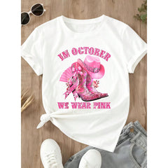 Casual Women Graphic Tee Shirt October We Wear Pink Breast Cancer Awareness Cowboy Boots Hat Print Top For Daily Wear Support