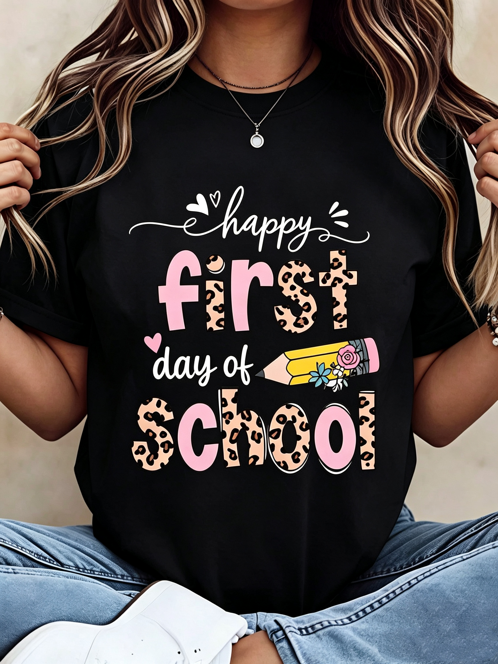Happy First Day Of School, Women's T-Shirt, Leopard Print And Pencil Design, Pure Cotton T-Shirt, Back To School Season, For Teachers And Students