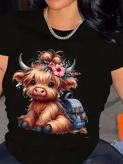 Cute Flower Highland Cow With Backpack Graphic T‑Shirt, Unisex Cotton Crew Neck Short Sleeve Tee, Farm Animal Casual Novelty Shirt, Gift For Highland Cow Lovers