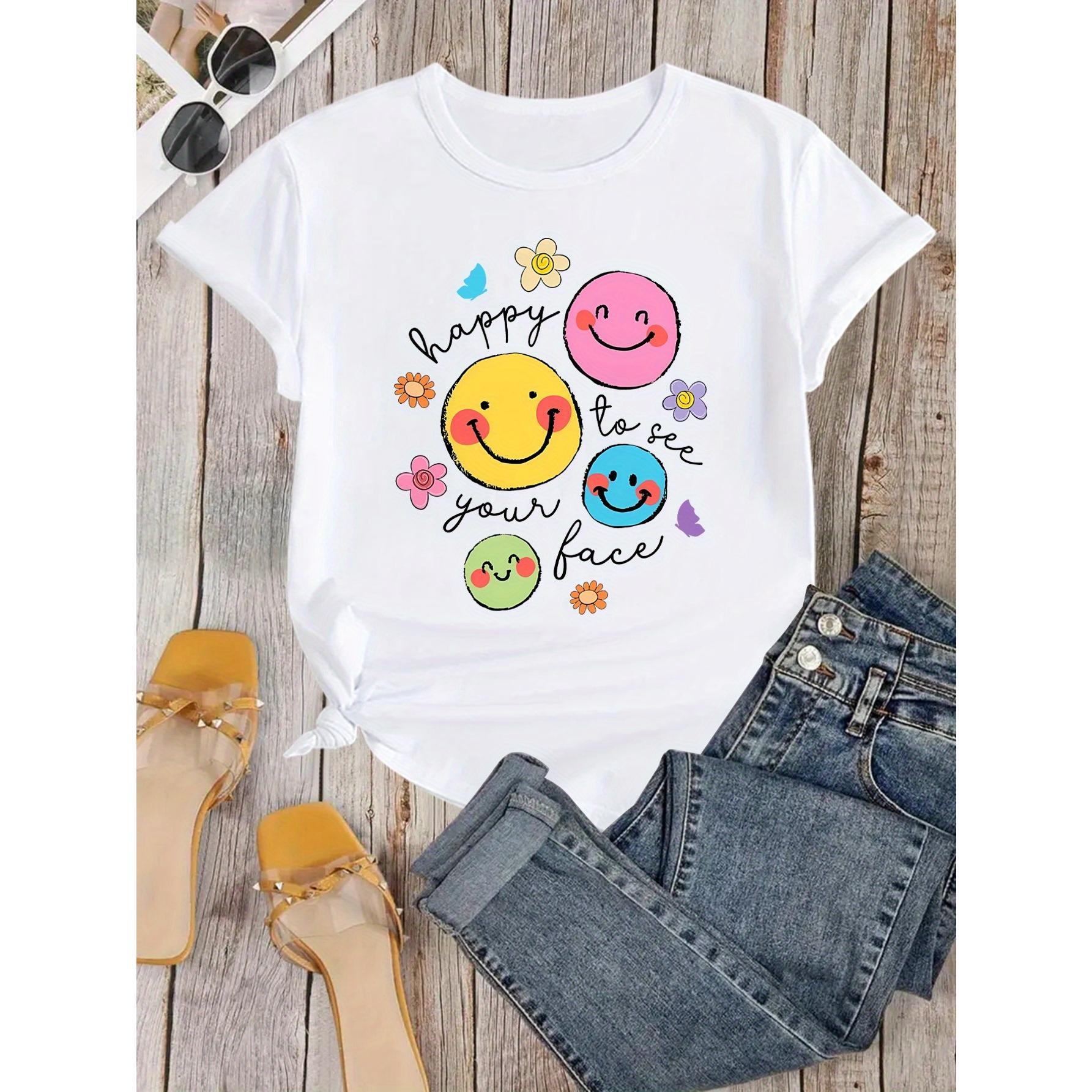 Funny Cartoon Joyful Face Printed T-Shirt, Back to Teacher T-Shirt, Happy to See Your Face T-Shirt, Teacher Life T-Shirt, Teacher Appreciation Gift, Teacher's Day Gift