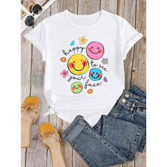 Funny Cartoon Joyful Face Printed T-Shirt, Back to Teacher T-Shirt, Happy to See Your Face T-Shirt, Teacher Life T-Shirt, Teacher Appreciation Gift, Teacher's Day Gift