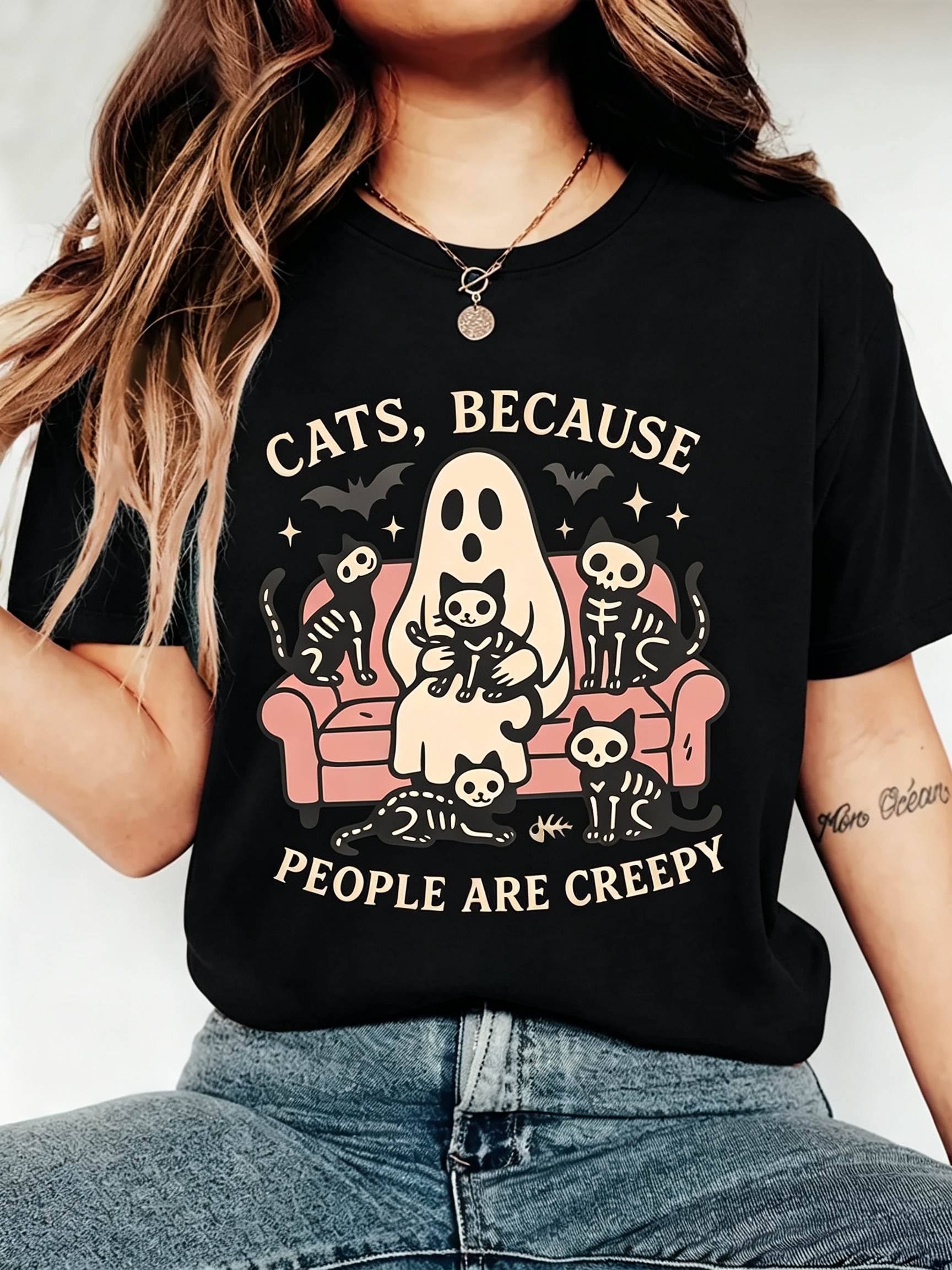 Cats Because People Are Creepy T-Shirt Ghost Skeleton Cat Tee
