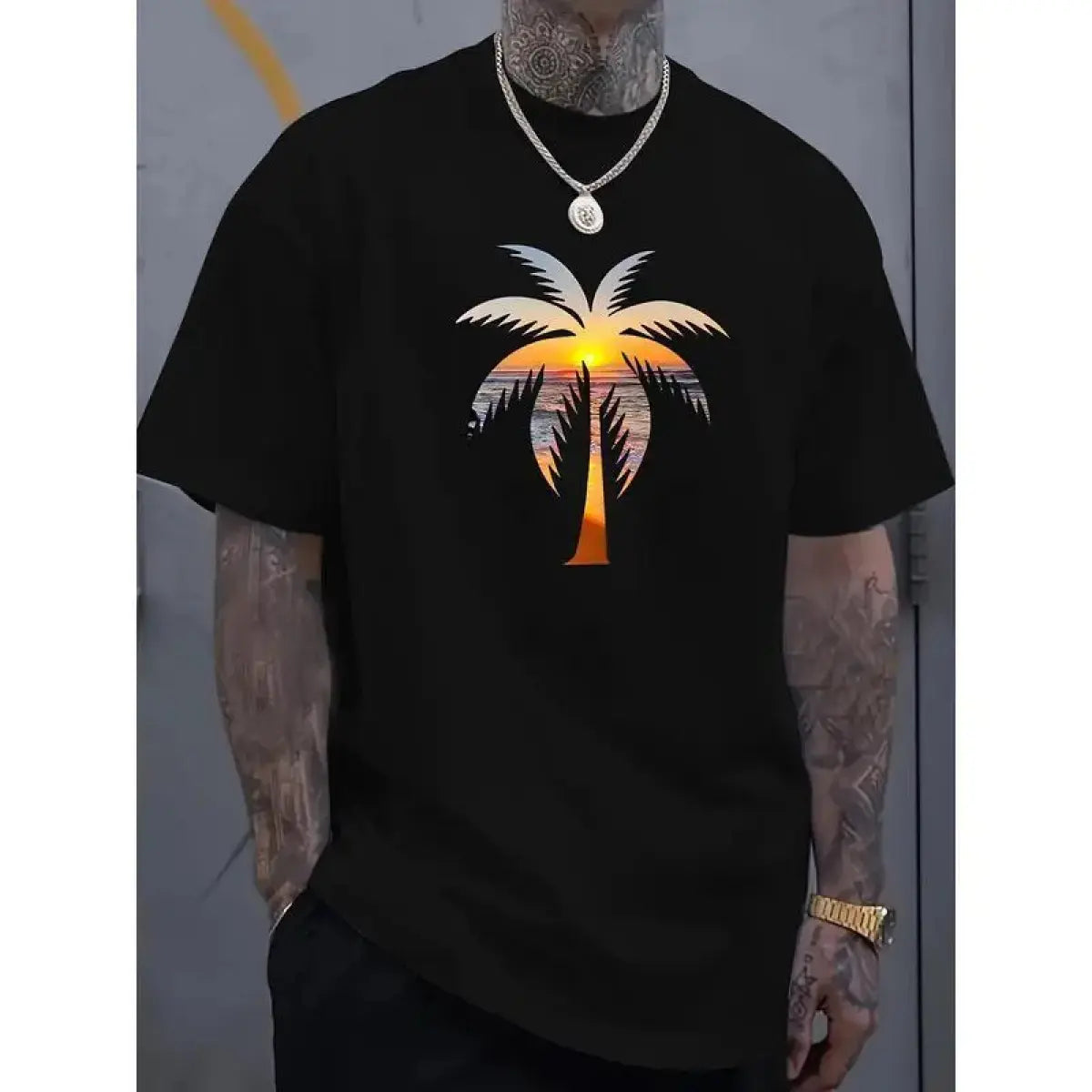 Men's Casual Sunset Coconut Tree Print Crew Neck Shortsleeve T-Shirt - Aesthetic Tropical, Breathable Soft Fabric, Regular Fit Alphabet Pattern Athleisure Style for Everyday Wear, Menswear